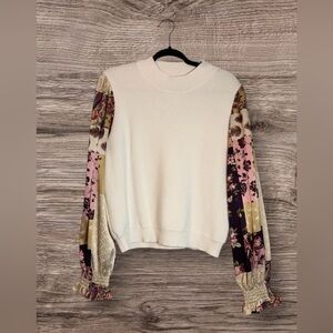 THML 🌺 Cream Ribbed Knit Sweater | Floral Patchwork Detail | Size L